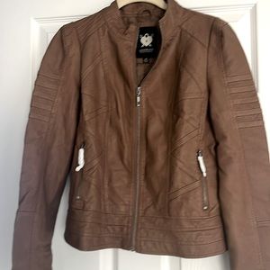 Lock & Love faux brown leather fitted motorcycle biker jacket coat. XS